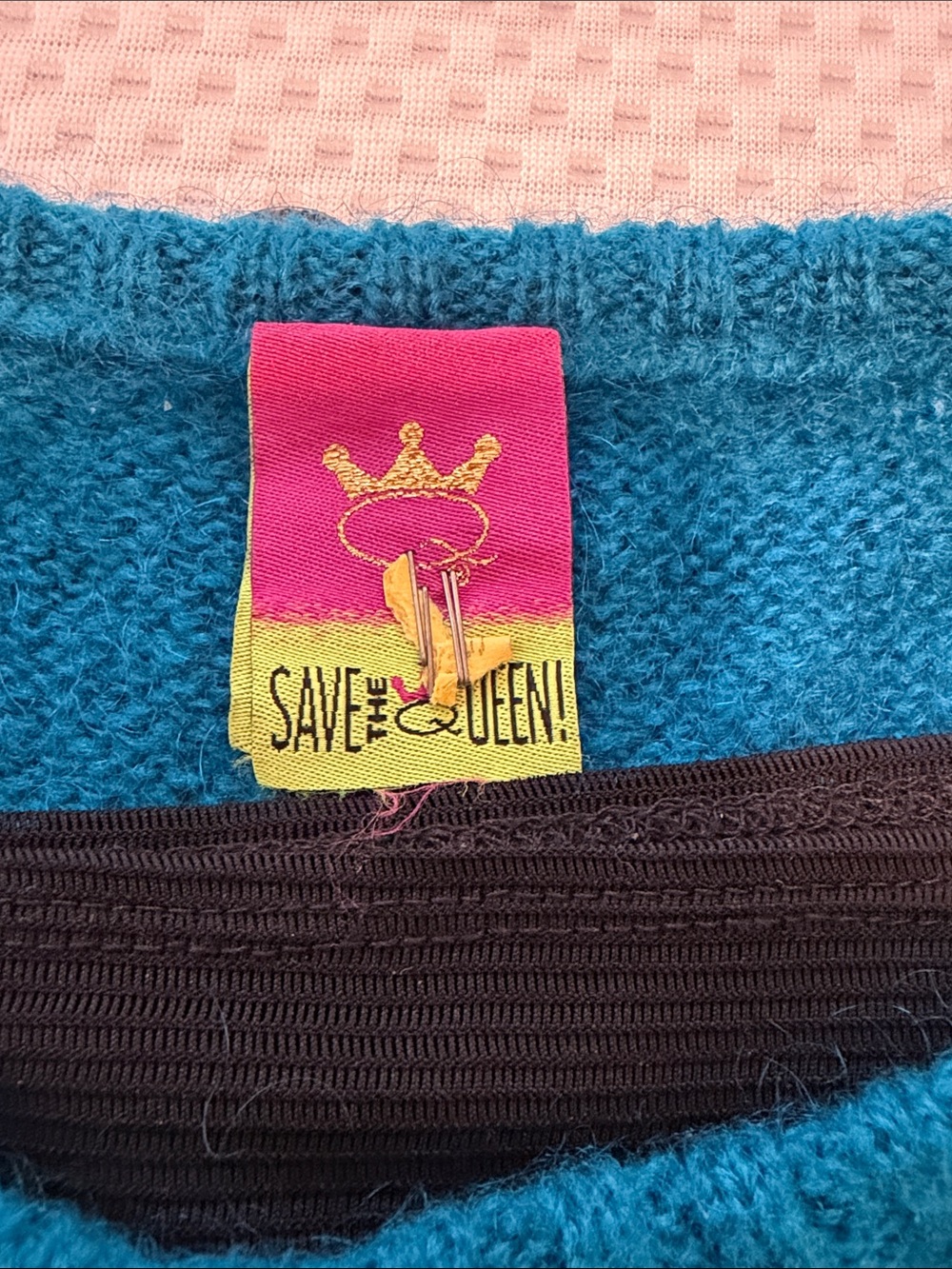 Save The Queen Blue, Black & Red Patchwork Crewneck Sweater with mesh sleeves - Picture 2 of 7
